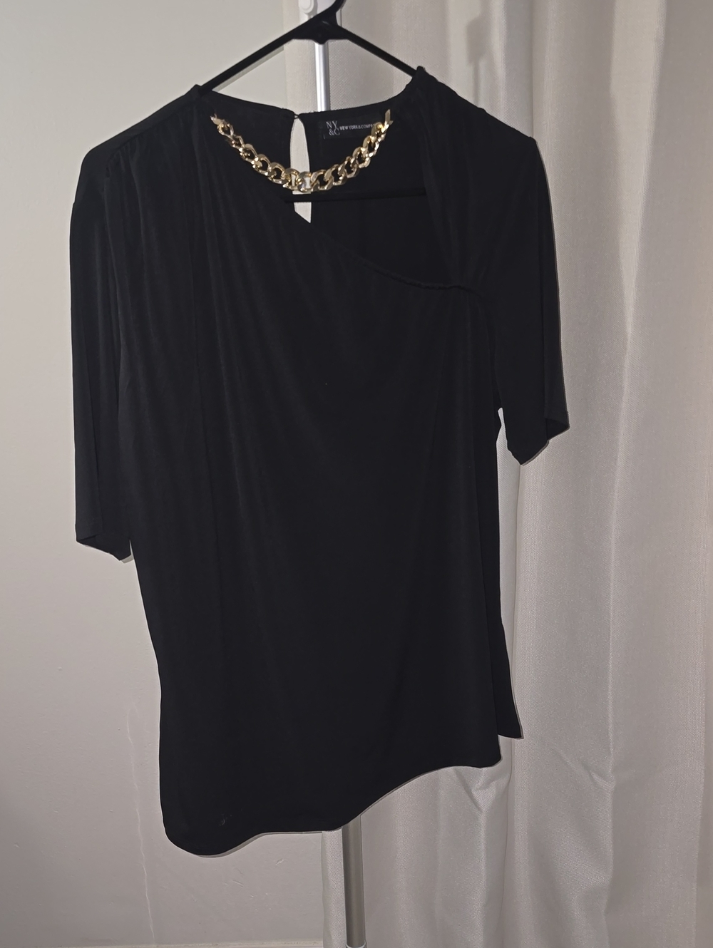 New York & Company Black Short-Sleeve Top with Gold Chain Neckline